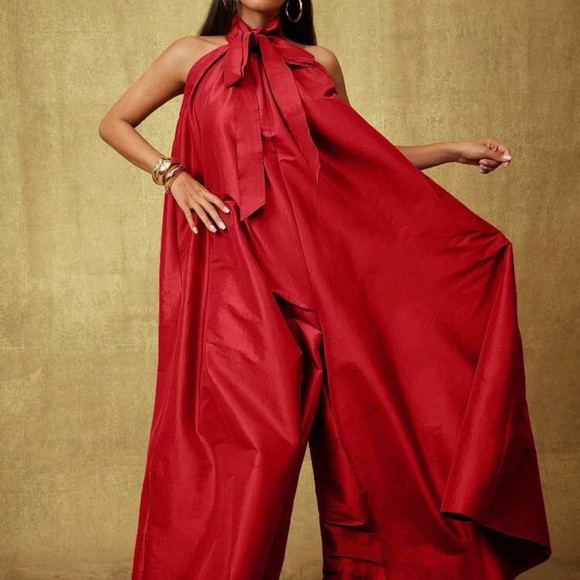 Pants - Vixey Solid Taffeta Bow Tie Halter Neck Extreme Wide Leg Jumpsuit size L
